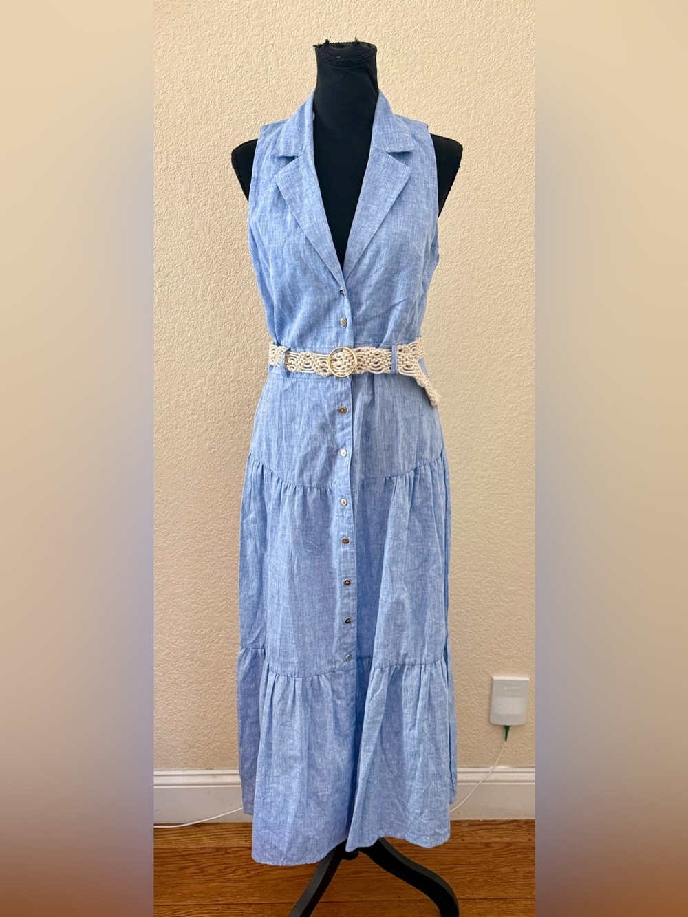 NWT Zara Sleeveless Chambray Belted Button-Front Maxi Dress in Light Blue SM-MD